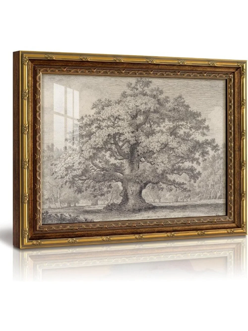 Vintage Botanical Wall Art | Oak Tree Canvas Print | Gold Framed Rustic Decor